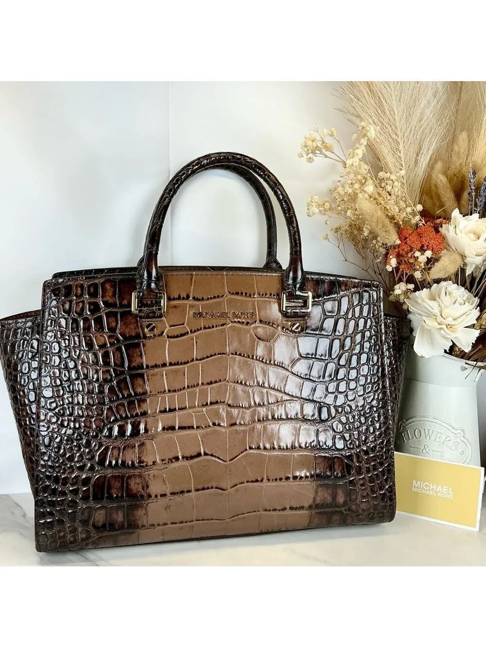 Michael Kors Selma Brown Croc Satchel Large Leather Hand Fall Shoulder Bag